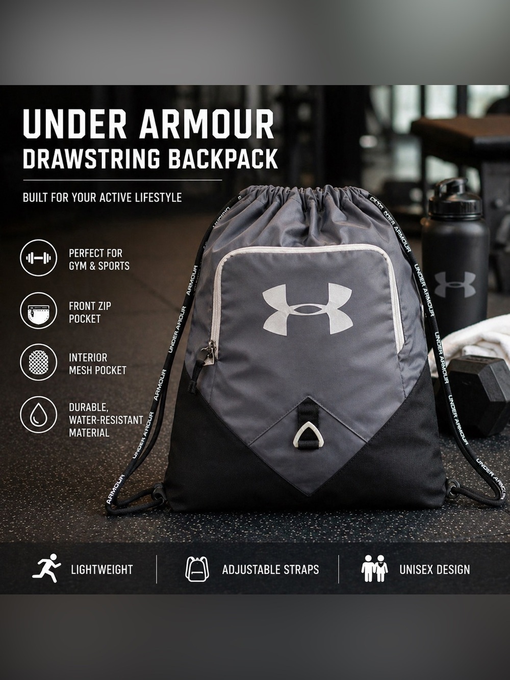 Under Armour Gray Black Drawstring Backpack Cinch Sack Gym Bag